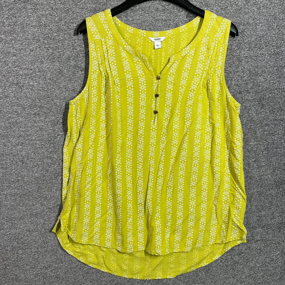 Sonoma Goods for Life Blouse Large Yellow Geometric Stripe Sleeveless Rayon